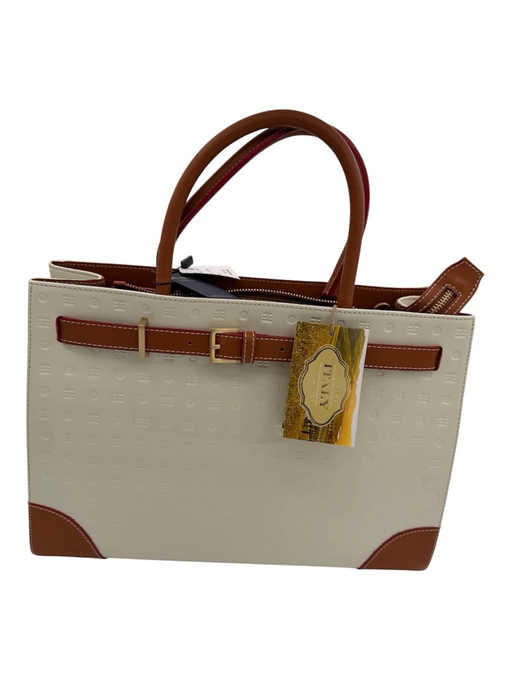 Arcadia Patent Leather Cream Tote with Brown Leather Accents - Picture 2 of 3